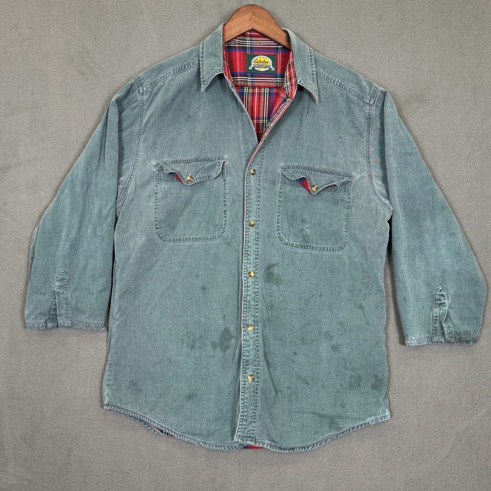 Vintage Cabelas Flannel Lined Shirt Men M Green Canvas Workwear Plaid Outdoor